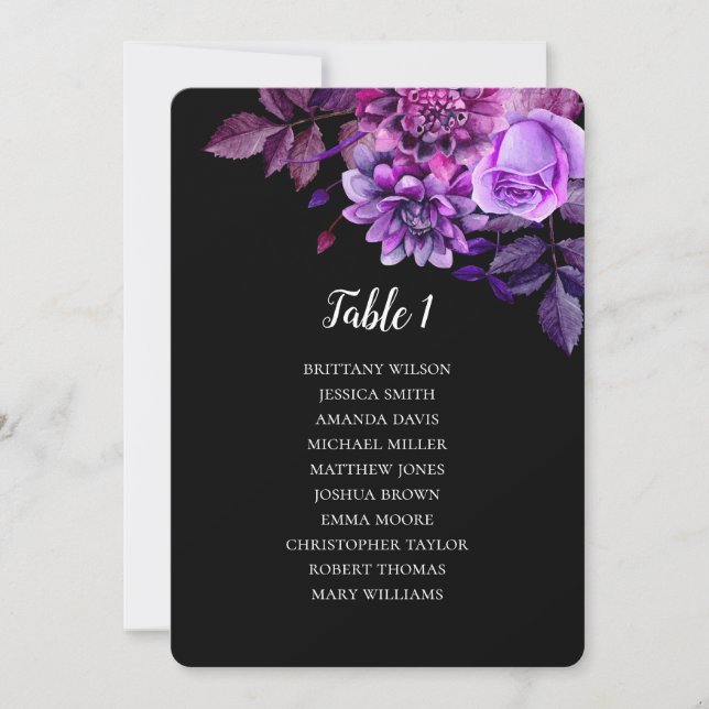 Invitación Gráfico de asientos de boda negro y morado. Plan d (Anverso)
