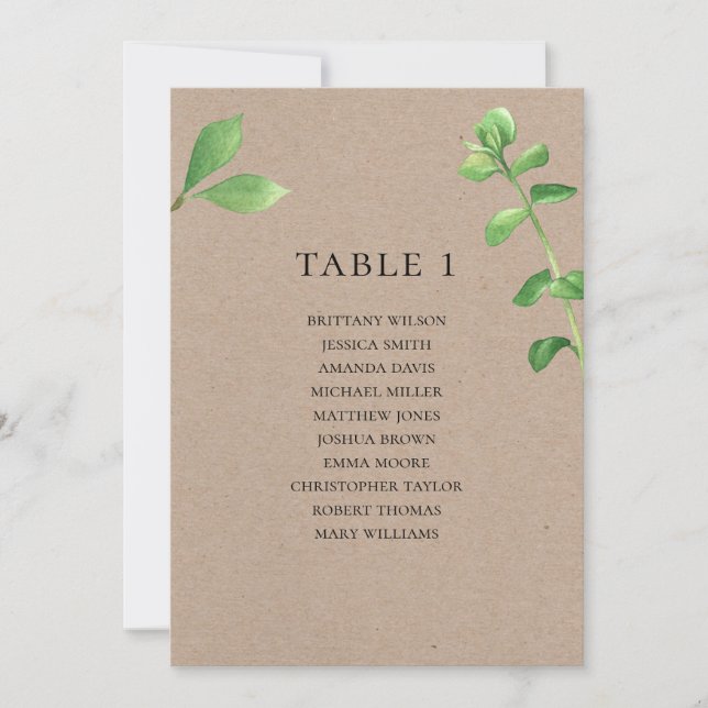 Invitación Gráfico de asientos de boda rústica. Botánico camp (Anverso)