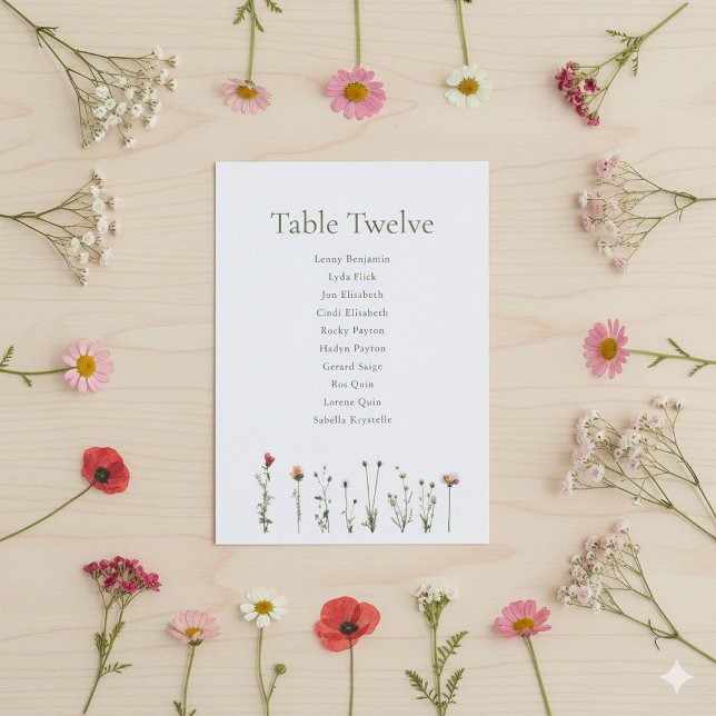 Invitación Gráfico de asientos de flores silvestres (Wildflowers table number name chart card.)