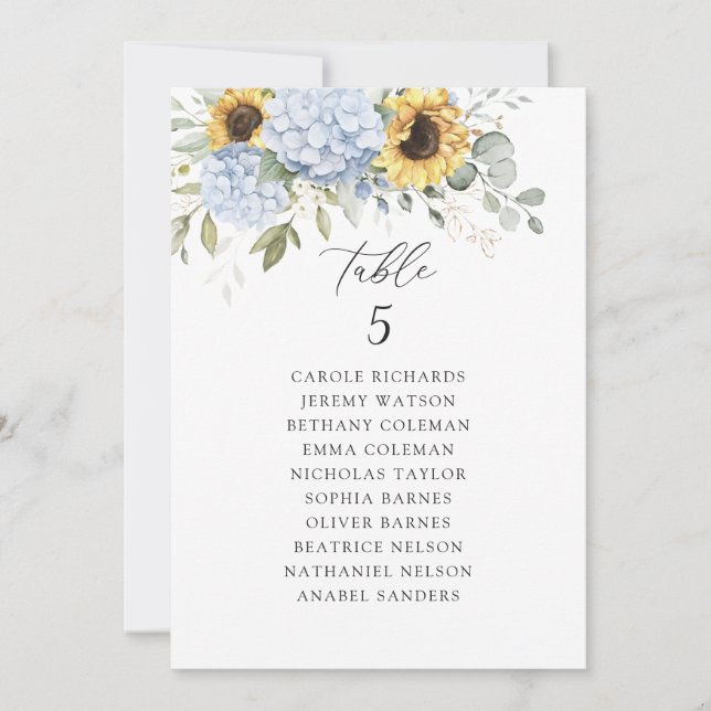Invitación Gráfico de asientos de girasoles de hidrangea azul (Anverso)