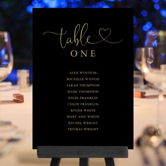 Invitación Gráfico de asientos de la tabla de oro negra con g (Heart Script Black Gold Table Number Seating Chart)