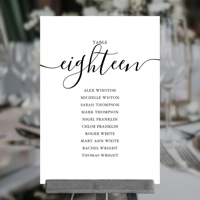 Invitación Gráfico de Asientos de Mesa Número 18 con Letra Ne (Elegant Black Script Table Number 18 Seating Chart)
