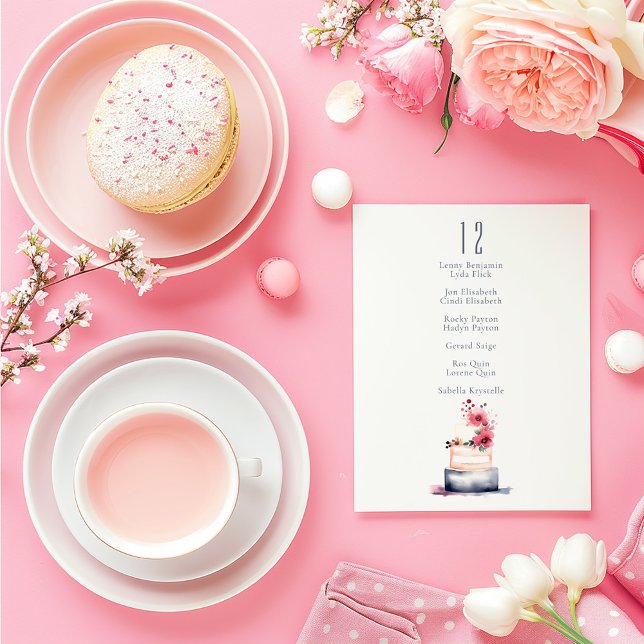 Invitación Gráfico de asientos del número de la tabla de los  (Wedding table number card with watercolor floral cake and elegant guest list.)