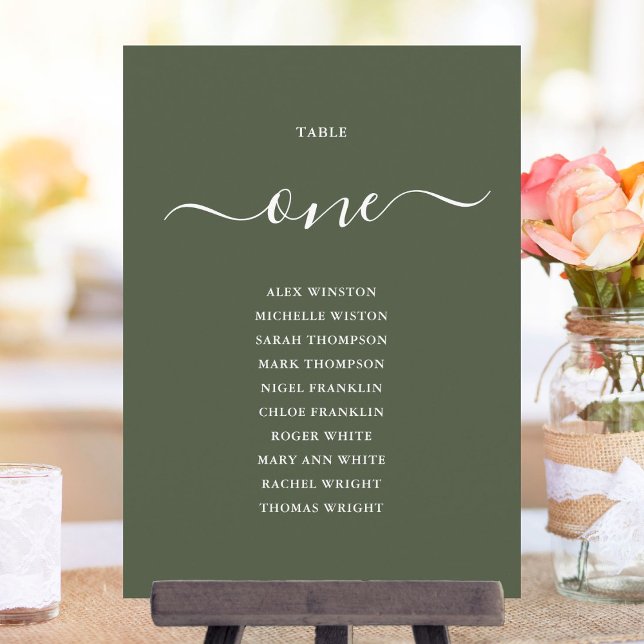 Invitación Gráfico de asientos del número de la tabla verde o (Olive Green Table Number Seating Chart)