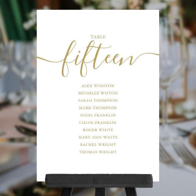 Invitación Gráfico de Asientos Número 15 de Letra Dorada Eleg (Elegant Gold Script Table Number 15 Seating Chart)