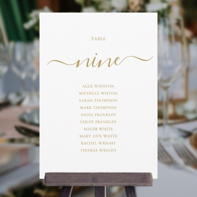 Invitación Gráfico de Asientos Número 9 de Letra Dorada Elega (Elegant Gold Script Table Number 9 Seating Chart)