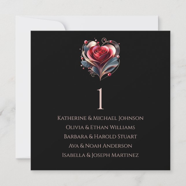 Invitación Gráfico de asientos Rosa-Boda en forma de corazón  (Anverso)