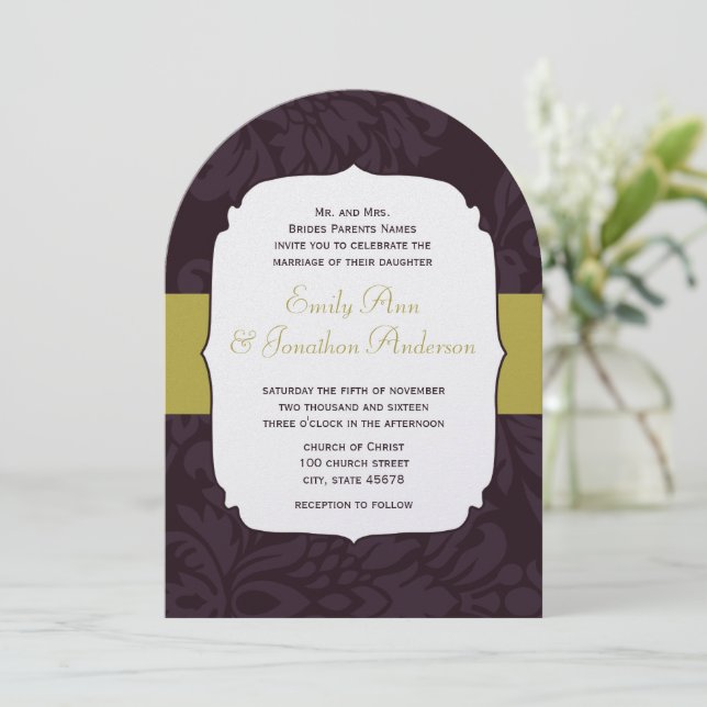 Invitación Gráfico de berenjena moderna Chartreuse Damasco Bo (Anverso de pie)