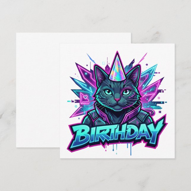 Invitación Gráfico de fiesta de cumpleaños de gato ciberpunk  (Anverso / Reverso)