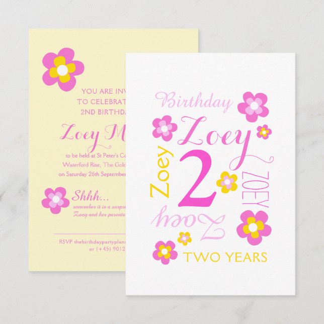 Invitación gráfico de flores de cumpleaños número 2 amarillo  (Anverso / Reverso)