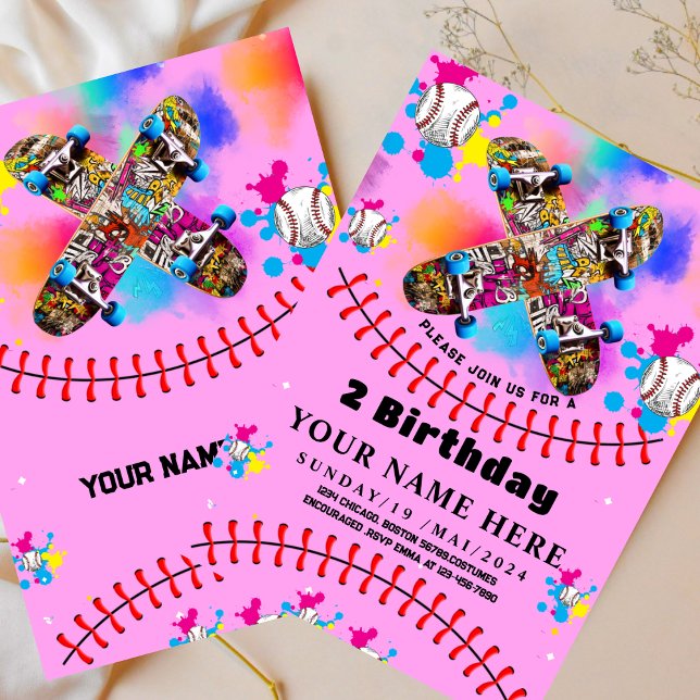 Invitación Grafiti de monopatín de béisbol colorido fiesta ro (Subido por el creador)