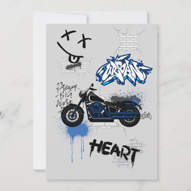 Invitación Grafiti gris de motocicleta negro y azul (Anverso)