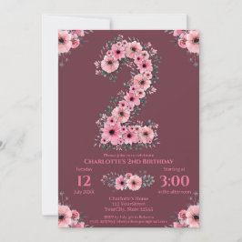 Invitación Gran 2º cumpleaños Flores rosadas Chica Foliage Ve