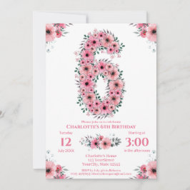 Invitación Gran 6° cumpleaños Chica de follaje verde Flores r