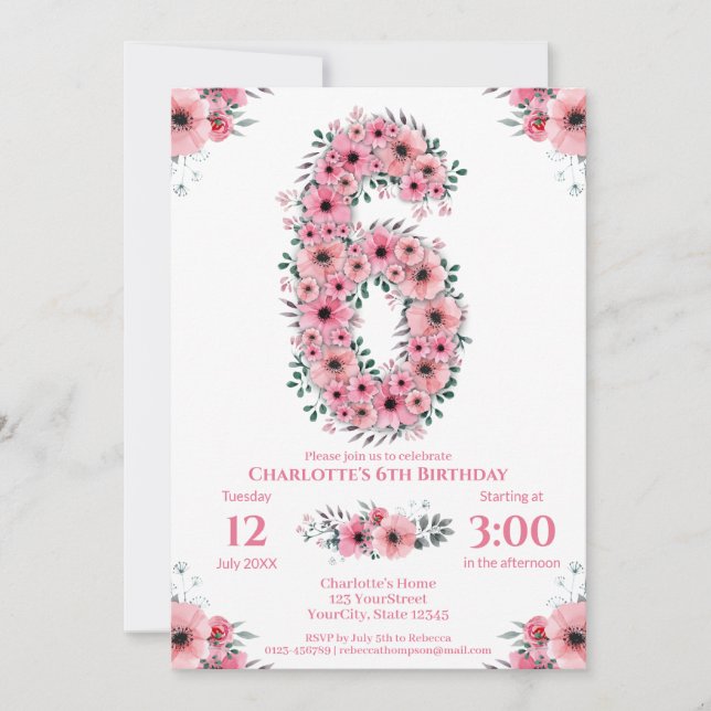Invitación Gran 6° cumpleaños Chica de follaje verde Flores r (Anverso)