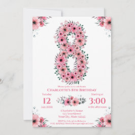 Invitación Gran 8.º cumpleaños Chica de follaje verde Flores 