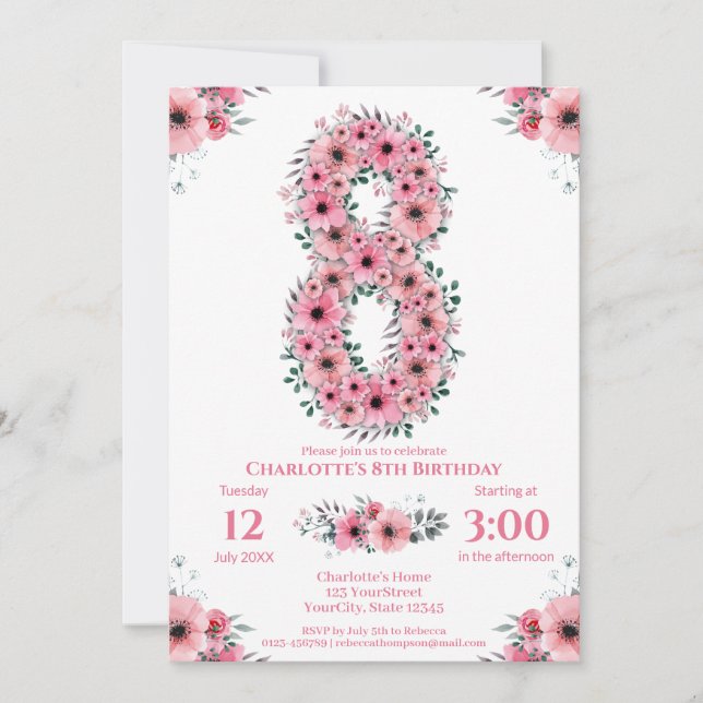 Invitación Gran 8.º cumpleaños Chica de follaje verde Flores  (Anverso)