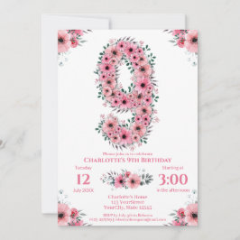 Invitación Gran 9.º cumpleaños Chica de follaje verde Flores 