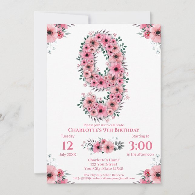 Invitación Gran 9.º cumpleaños Chica de follaje verde Flores  (Anverso)