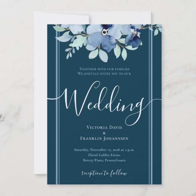 Invitación Gran acuarela azul floral elegante boda (Anverso)