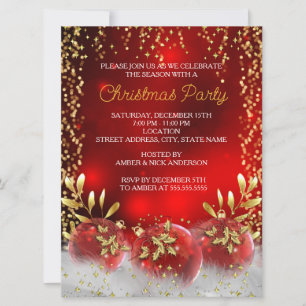 Invitación Gran Adorno de Acebo Dorado Rojo Fiesta Navideña V