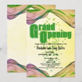 Invitación Gran Apertura Borde Verde Amarillo Ola Estrellas