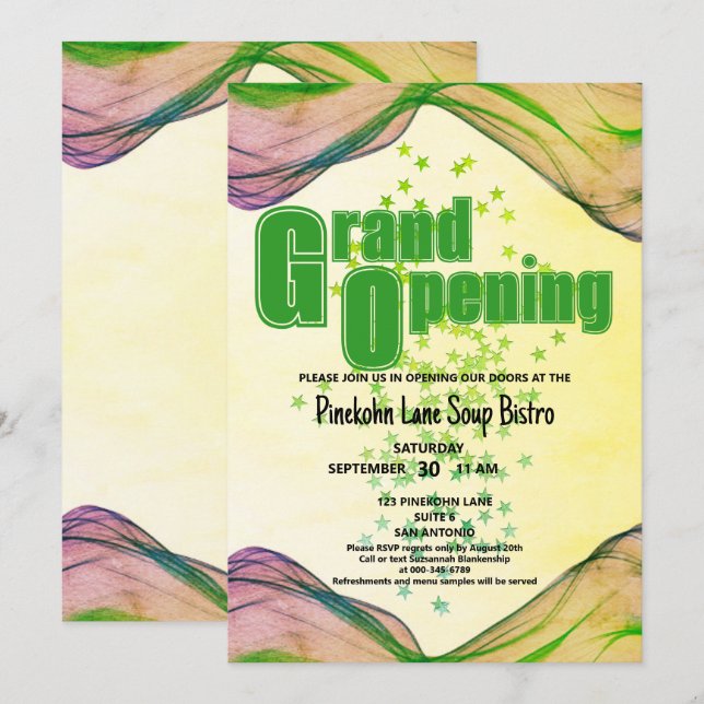 Invitación Gran Apertura Borde Verde Amarillo Ola Estrellas (Anverso / Reverso)