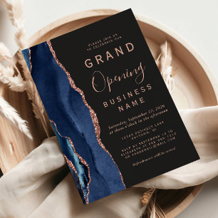 Invitación Gran Apertura Comercial Navy Rosa Oro Ágata Oscuro
