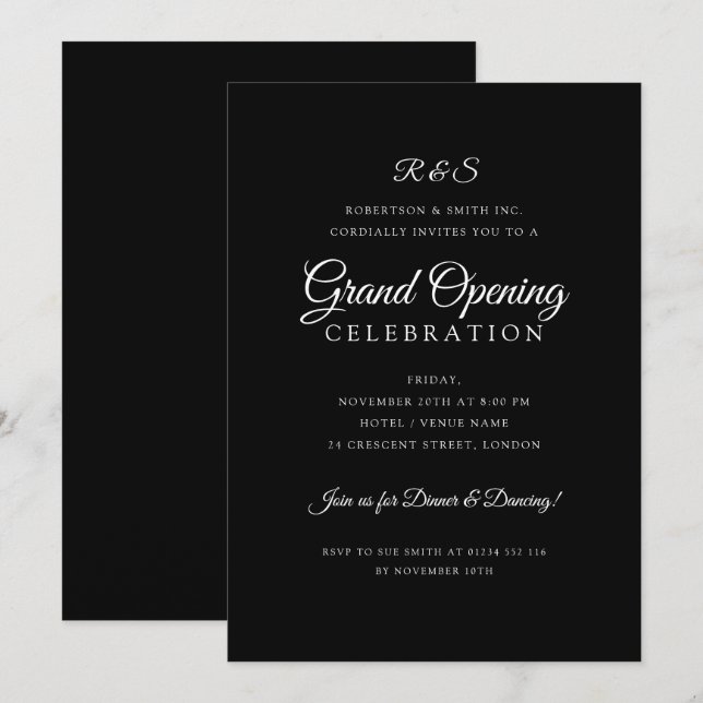 Invitación Gran Apertura Corporativa Monograma Simple Negro (Anverso / Reverso)