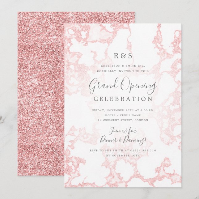 Invitación Gran Apertura Corporativa Rosa Purpurina de Mármol (Anverso / Reverso)