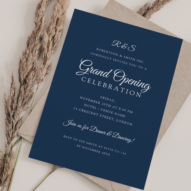 Invitación Gran Apertura Corporativa Sencilla Naval Monograma (Corporate Grand Opening Simple Monogram Navy Invitation)