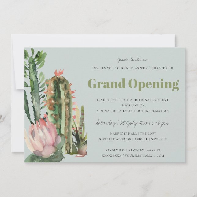 INVITACIÓN GRAN APERTURA DE CACTUS DEL DESIERTO FLORAL ROSA G (Anverso)