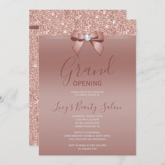 Invitación Gran apertura de Posh Rosa Gold Jewel Bow (Anverso / Reverso)
