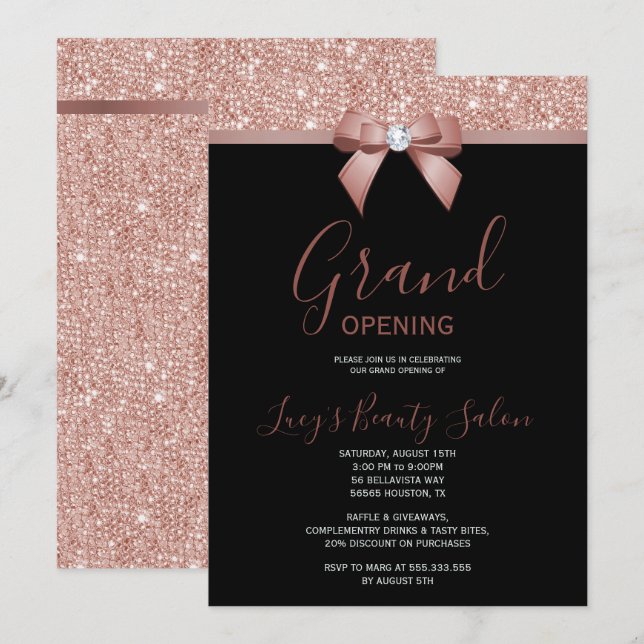 Invitación Gran apertura de Posh Rosa Gold Jewel Bow (Anverso / Reverso)