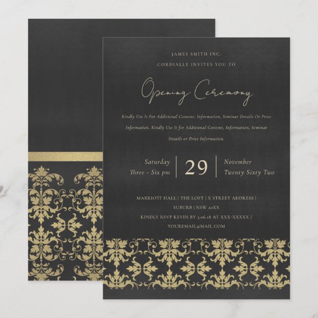 INVITACIÓN GRAN APERTURA DE TERCIOPELO NAVY ORO DAMASCO (Anverso / Reverso)