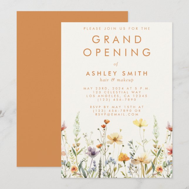 Invitación Gran Apertura de Wildflower Rústico (Anverso / Reverso)