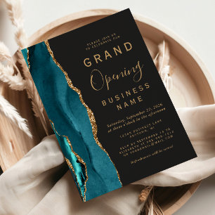 Invitación Gran Apertura Empresarial Ágata Verde Teal Dorado 