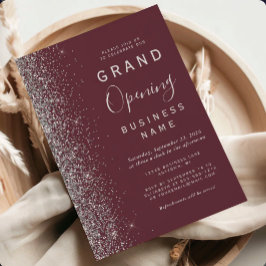 Invitación Gran Apertura Empresarial Burgundy Brillo Plateado