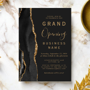 Invitación Gran Apertura Empresarial Negro Ágata Dorada Oscur