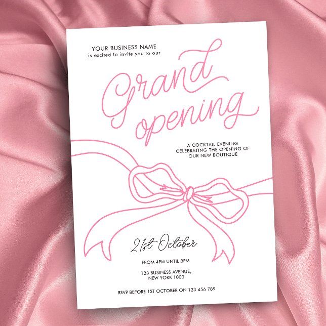 Invitación Gran Apertura Empresarial Única De La Banda Rosa D (Feminine blush pink and white business opening invitation with handwritten text and pink bow graphic)
