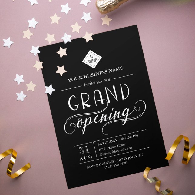Invitación Gran apertura en blanco y negro de tu logotipo (Subido por el creador)