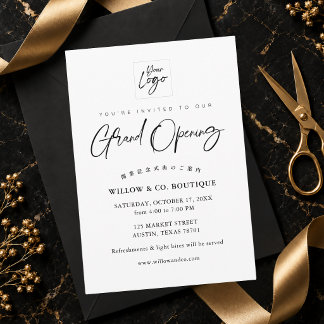 Invitación Gran Apertura Logotipo Minimalista en Blanco y Neg