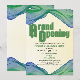 Invitación Gran Apertura Olas Acuarela Borde Verde Azul