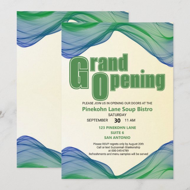 Invitación Gran Apertura Olas Acuarela Borde Verde Azul (Anverso / Reverso)