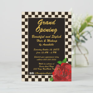 Invitación Gran Apertura Retro Check Red Rose