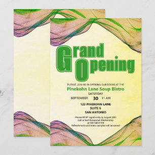 Invitación Gran Apertura Verde Amarillo Borde Acuarela Ola