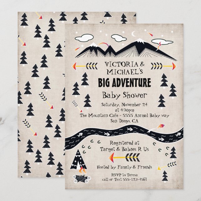 Invitación Gran aventura rústica montaña duchón de bebé triba (Anverso / Reverso)