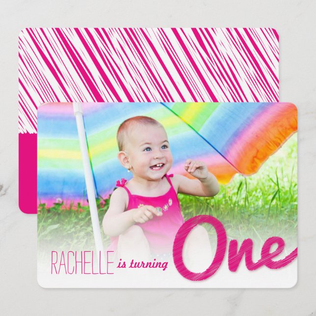 Invitación Gran boceto rosado, primer Fiesta de cumpleaños de (Anverso / Reverso)