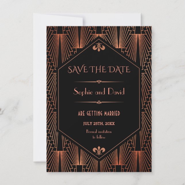 Invitación Gran Boda De Cobre De Gatsby Art Deco Guardar La F (Anverso)