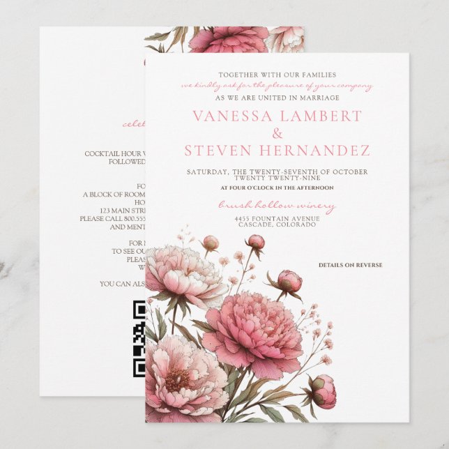 Invitación Gran Boda de flores rosadas (Anverso / Reverso)